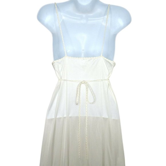 Vintage 70s Full Length Sweeping Nylon Slip Nightgown S White Lace Slit Leg Tie - Picture 11 of 12